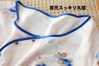竹布🎋TAKEFU 【日本製】　　青紫色の花と赤い鳥　8分袖 　8分丈ズボン　パジャマ 　ルームウェア