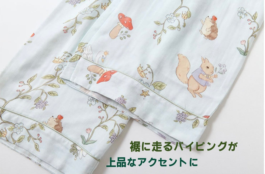 竹布🎋TAKEFU★【日本製】2025秋冬新作♦︎ライトブルー　キノコと動物たち　長袖 長ズボン パジャマ ルームウェア