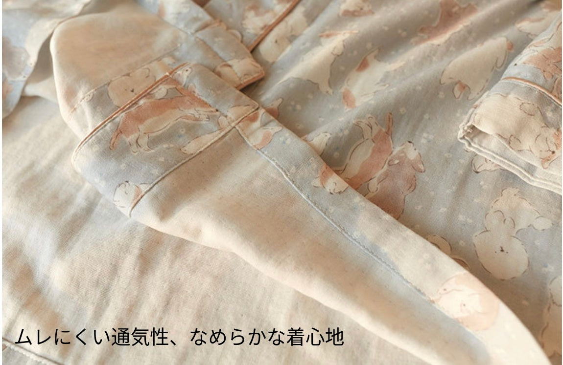 【FIORA】竹布 TAKEFU ダブルわんチャン柄  長袖 長ズボン パジャマ ルームウェア レディース