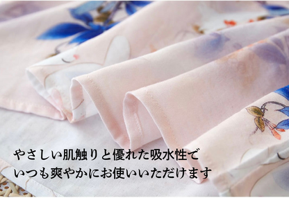 竹布🎋TAKEFU 【日本製】　　青紫色の花と赤い鳥　8分袖 　8分丈ズボン　パジャマ 　ルームウェア
