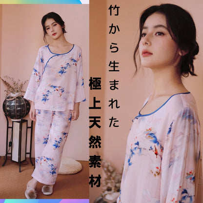竹布🎋TAKEFU 【日本製】　　青紫色の花と赤い鳥　8分袖 　8分丈ズボン　パジャマ 　ルームウェア