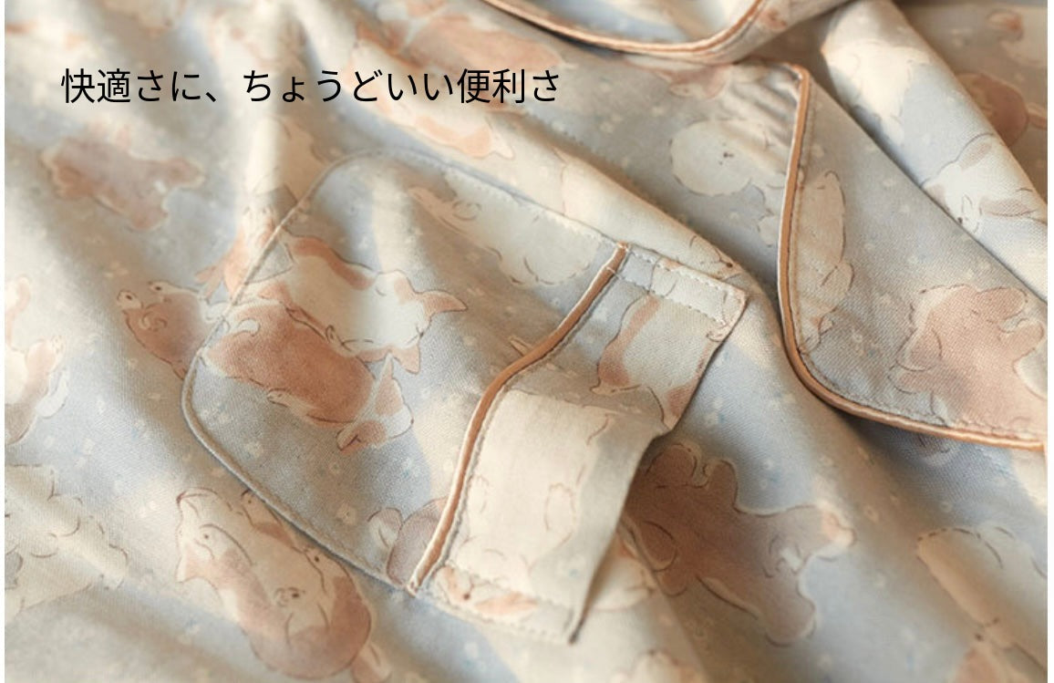 【FIORA】竹布 TAKEFU ダブルわんチャン柄  長袖 長ズボン パジャマ ルームウェア レディース