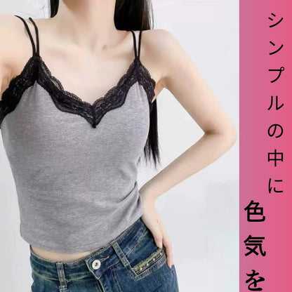 【FIORA】カップ付き胸元レースキャミソール着痩せ柔らかい重ね着インナー美ライン