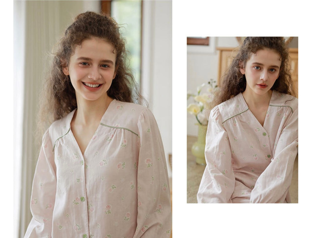 WダブルガーゼW【日本製】2025新作  フェミニンローズ　2色   長袖　長ズボン  V開き　襟なし パジャマ ルームウェア