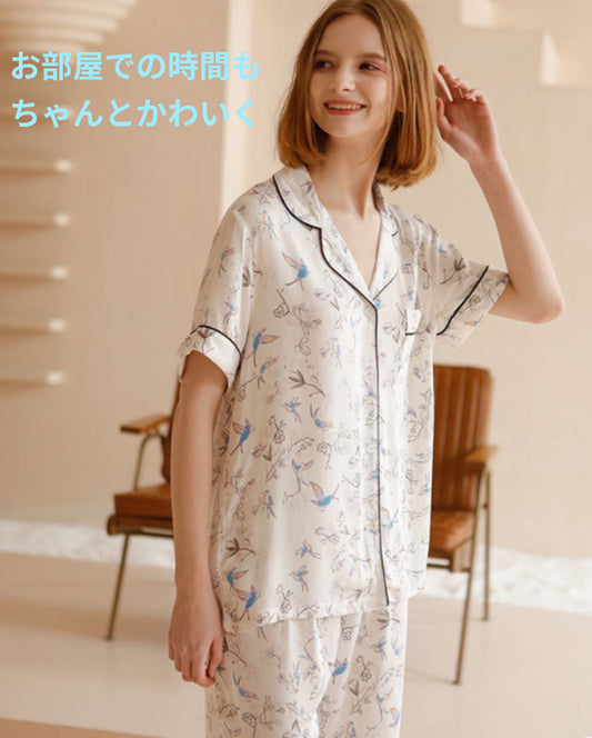【FIORA】綿サテン 極艶 ブルー野鳥柄 半袖  長ズボン パジャマ ルームウェア レディース
