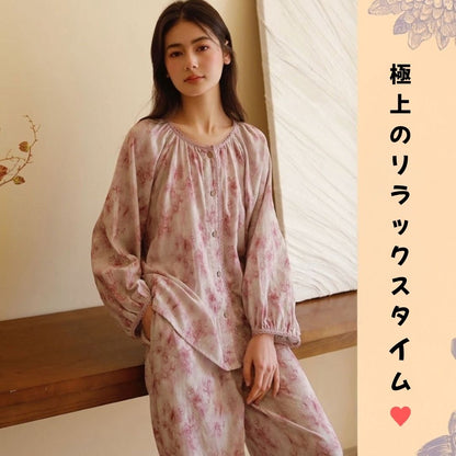 WダブルガーゼW【日本製】2025新作  ピンク染め   長袖　長ズボン  襟なし パジャマ ルームウェア