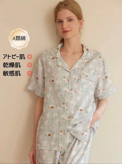 竹布🎋TAKEFU 【日本製】　　ティーカップ柄  半袖 長ズボン　パジャマ 　ルームウェア