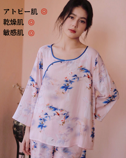 竹布🎋TAKEFU 【日本製】　　青紫色の花と赤い鳥　8分袖 　8分丈ズボン　パジャマ 　ルームウェア