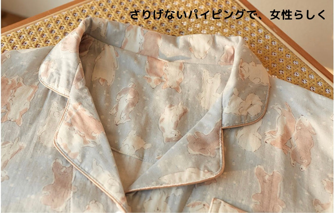 【FIORA】竹布 TAKEFU ダブルわんチャン柄  長袖 長ズボン パジャマ ルームウェア レディース