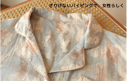 【FIORA】竹布 TAKEFU ダブルわんチャン柄  長袖 長ズボン パジャマ ルームウェア レディース