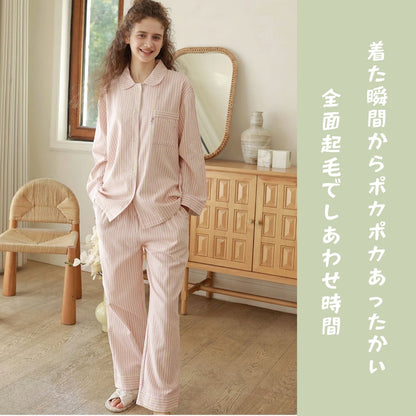 2025Winter 　全面起毛　両面起毛だから片面よりさらに柔らかく、あたたかい！　綿100％　ピンクorライトブルー　ストライプ　2色展開　日本製