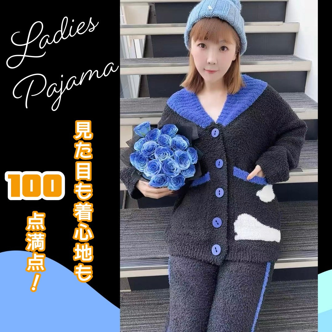 【先行発売開始】2025Winter新作❄️日本製❤️モコモコルームウェア　ブラック＆ブルー　上下セット　ボタン　前開き