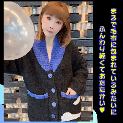 【先行発売開始】2025Winter新作❄️日本製❤️モコモコルームウェア　ブラック＆ブルー　上下セット　ボタン　前開き