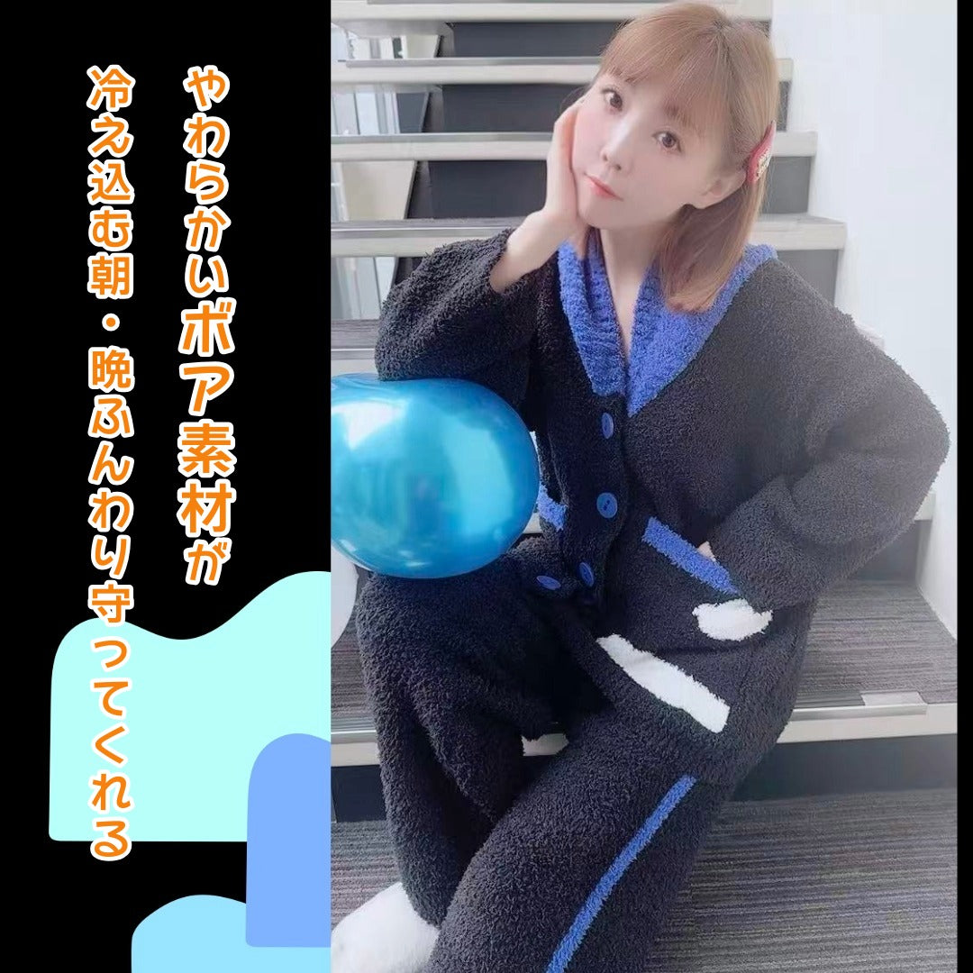 【先行発売開始】2025Winter新作❄️日本製❤️モコモコルームウェア　ブラック＆ブルー　上下セット　ボタン　前開き