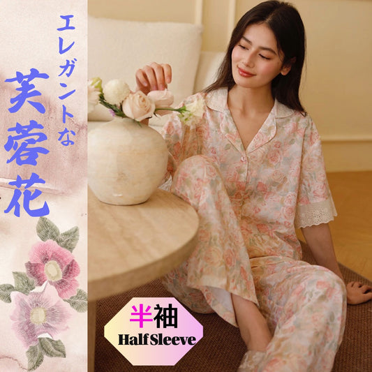 【FIORA】ダブルガーゼW 芙蓉花　長袖&長ズボン 半袖&長ズボン パジャマ ルームウェアレディース