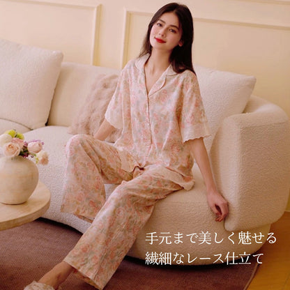 【FIORA】ダブルガーゼW 芙蓉花　長袖&長ズボン 半袖&長ズボン パジャマ ルームウェアレディース
