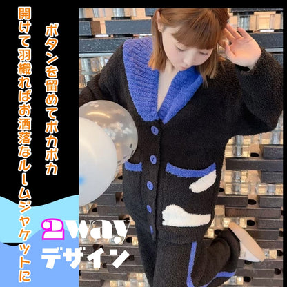 【先行発売開始】2025Winter新作❄️日本製❤️モコモコルームウェア　ブラック＆ブルー　上下セット　ボタン　前開き