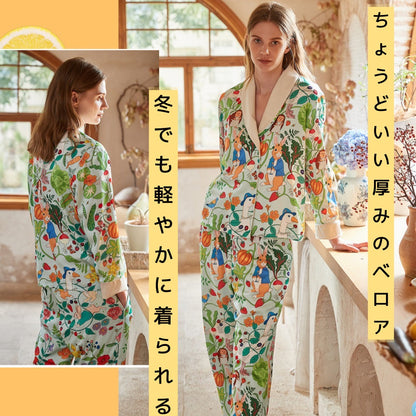 【先行発売開始】2025秋冬新作 🎃ホットシルク　裏地ベロア　ハリネズミ＆うさぎ柄  長袖 長ズボン パジャマ ルームウェア