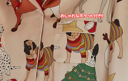 【先行発売開始】2025秋冬新作 🎃ホットシルク　裏地ベロア　ベージュ   わんチャン柄 　襟レッドストライプ柄 　 長袖 長ズボン パジャマ ルームウェア