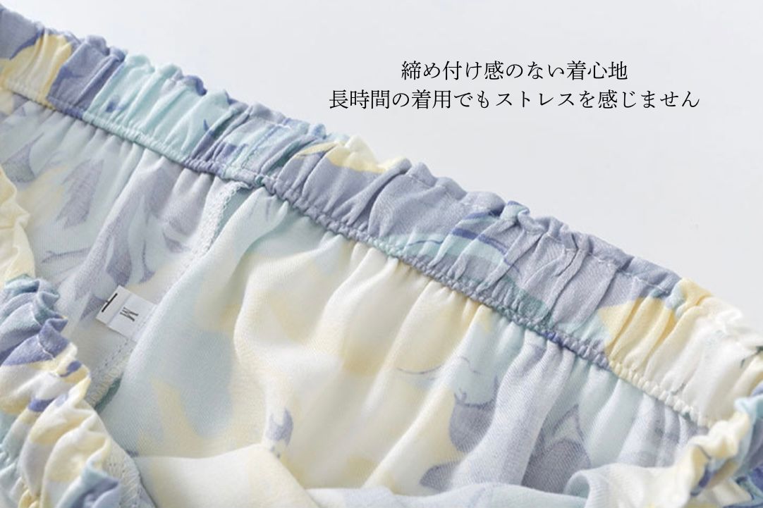 綿サテン　【日本製】アンティーク　ブルー花柄　2025新作　長袖 　長ズボン パジャマ ルームウェア