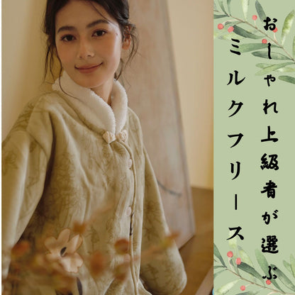 【9月中旬先行予約販売】2025 冬新作❄️日本製❤️モコモコルームウェア　グリーン　お花　上下セット