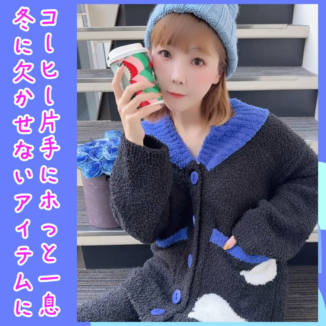 【先行発売開始】2025Winter新作❄️日本製❤️モコモコルームウェア　ブラック＆ブルー　上下セット　ボタン　前開き