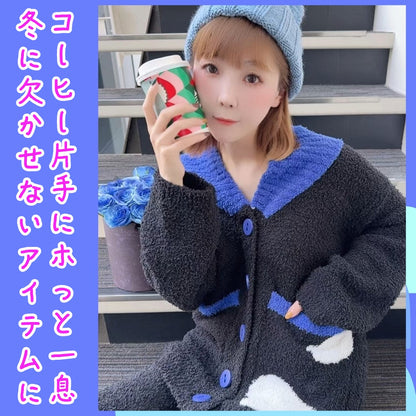 【先行発売開始】2025Winter新作❄️日本製❤️モコモコルームウェア　ブラック＆ブルー　上下セット　ボタン　前開き
