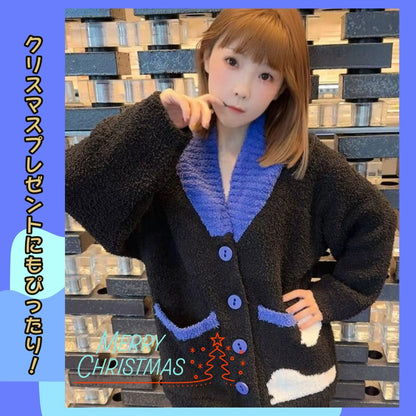 【先行発売開始】2025Winter新作❄️日本製❤️モコモコルームウェア　ブラック＆ブルー　上下セット　ボタン　前開き