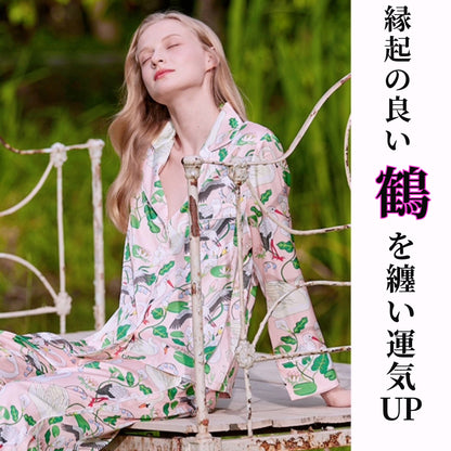 2025新作 🌻アイスシルク　薄いピンク   仙鶴と白鳥柄  長袖 長ズボン パジャマ ルームウェア