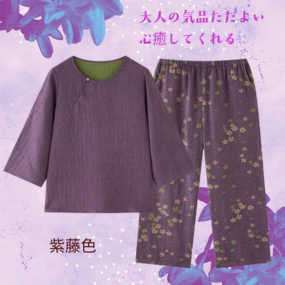 WダブルガーゼW【日本製】2025年　秋冬新作   紫藤色  7分袖　長ズボン  襟なし パジャマ ルームウェア