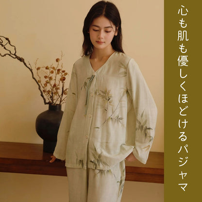竹布🎋TAKEFU【日本製】　翡翠カラー  竹柄　2025秋冬新作　長袖　長ズボン　襟なし パジャマ　ルームウェア