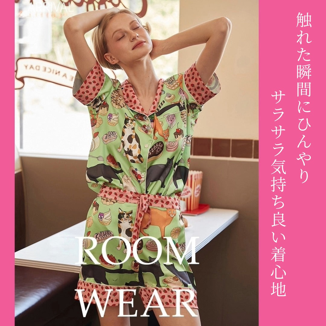 2026新作　 🌻アイスシルク　ライトグリーン   猫＆スイーツ柄　襟イチゴ柄　  半袖 　半ズボン パジャマ ルームウェア