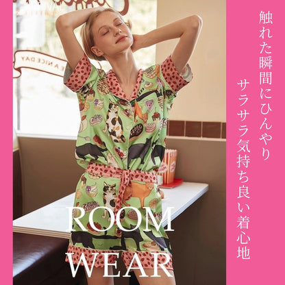 2026新作　 🌻アイスシルク　ライトグリーン   猫＆スイーツ柄　襟イチゴ柄　  半袖 　半ズボン パジャマ ルームウェア