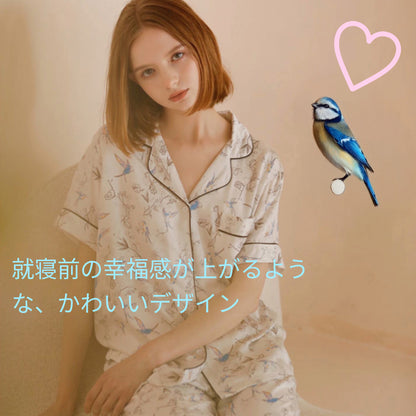 綿サテン　【日本製】　ブルー　野鳥柄　半袖 長ズボン パジャマ ルームウェア
