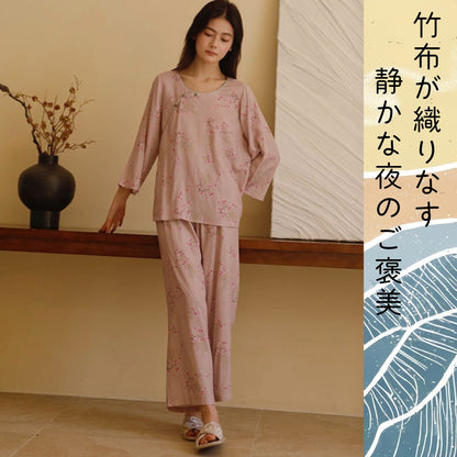 竹布🎋TAKEFU　【日本製】ピンクの梅　8分袖 8分丈ズボン 襟なし パジャマ ルームウェア　