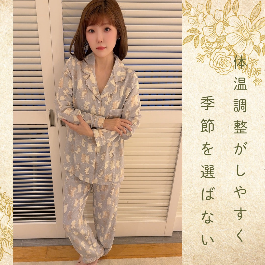 【FIORA】竹布 TAKEFU ダブルわんチャン柄  長袖 長ズボン パジャマ ルームウェア レディース