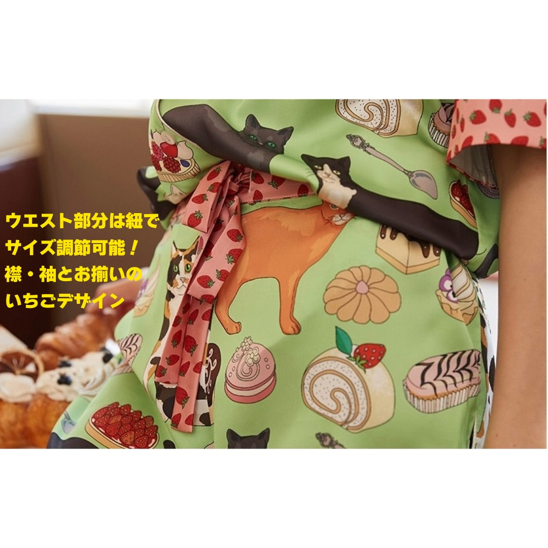 2026新作　 🌻アイスシルク　ライトグリーン   猫＆スイーツ柄　襟イチゴ柄　  半袖 　半ズボン パジャマ ルームウェア