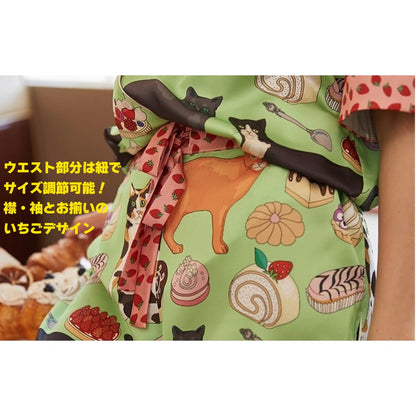 2026新作　 🌻アイスシルク　ライトグリーン   猫＆スイーツ柄　襟イチゴ柄　  半袖 　半ズボン パジャマ ルームウェア