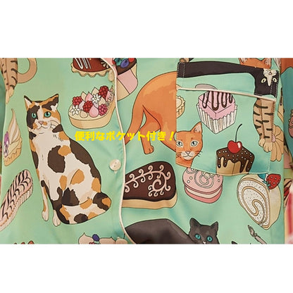 2026新作　 🌻アイスシルク　ライトグリーン   猫＆スイーツ柄　襟イチゴ柄　  半袖 　半ズボン パジャマ ルームウェア