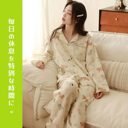 WダブルガーゼW【日本製】　多彩馬　馬年の🐎　　2026元旦新作　2026年（馬年）のスタートに、幸運いっぱいの馬柄パジャマを。可愛いお馬ちゃんが好運を運んでくれるラッキーアイテム　