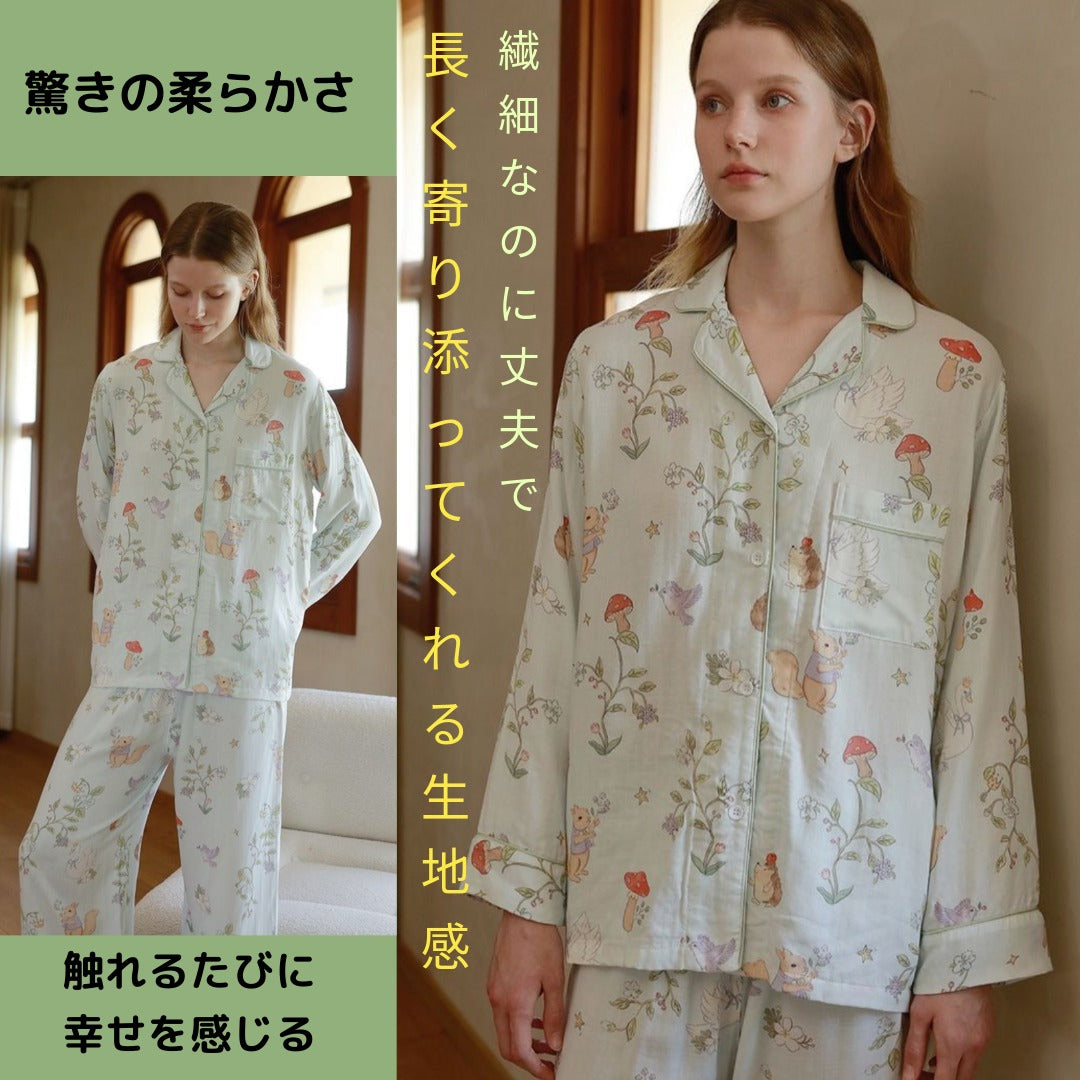 竹布🎋TAKEFU★【日本製】2025秋冬新作♦︎ライトブルー　キノコと動物たち　長袖 長ズボン パジャマ ルームウェア