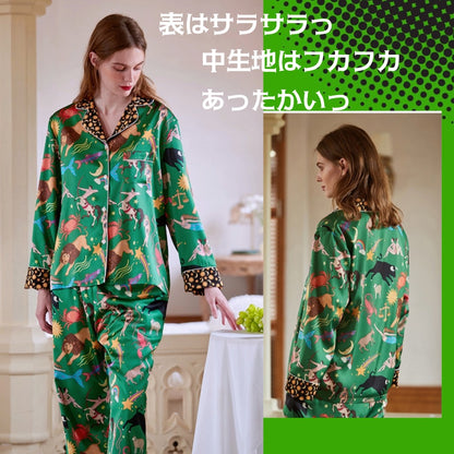 【先行発売開始】2025秋冬新作 🎃ホットシルク　裏地ベロア　グリーン   星座柄 　襟太陽＆月柄 　 長袖 長ズボン パジャマ ルームウェア