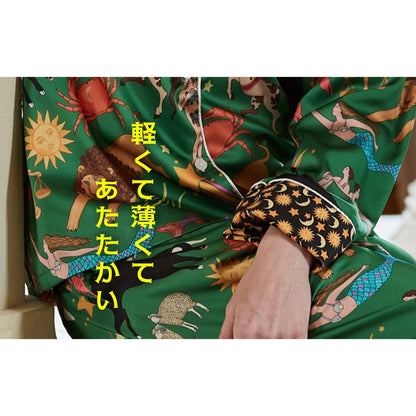 【先行発売開始】2025秋冬新作 🎃ホットシルク　裏地ベロア　グリーン   星座柄 　襟太陽＆月柄 　 長袖 長ズボン パジャマ ルームウェア