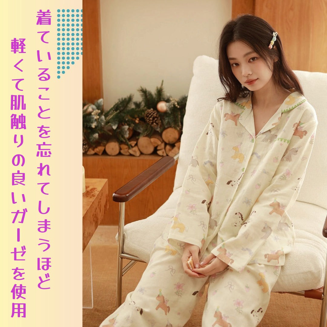 WダブルガーゼW【日本製】　多彩馬　馬年の🐎　　2026元旦新作　2026年（馬年）のスタートに、幸運いっぱいの馬柄パジャマを。可愛いお馬ちゃんが好運を運んでくれるラッキーアイテム　