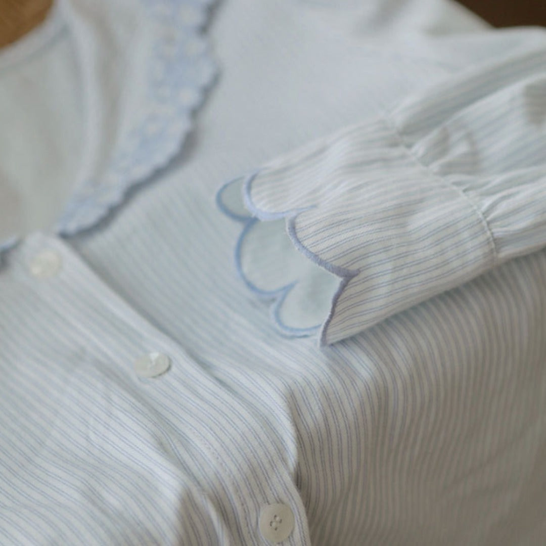 2025Winter 【日本製】全面起毛　パステル ストライプ柄 襟元花柄刺繍　袖口　全面起毛だから片面よりさらに柔らかく、あたたかい！　綿100％