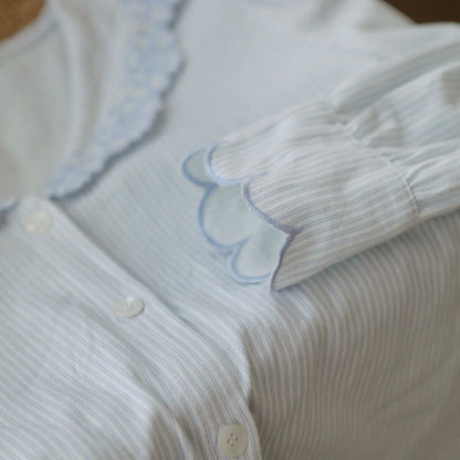 2025Winter 【日本製】全面起毛　パステル ストライプ柄 襟元花柄刺繍　袖口　全面起毛だから片面よりさらに柔らかく、あたたかい！　綿100％