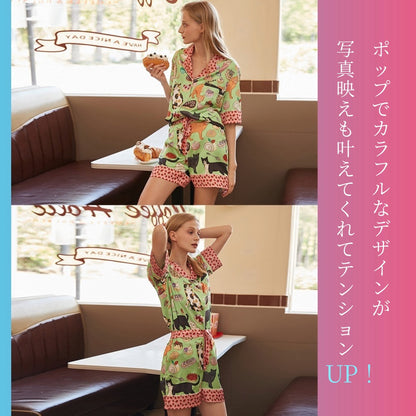 2026新作　 🌻アイスシルク　ライトグリーン   猫＆スイーツ柄　襟イチゴ柄　  半袖 　半ズボン パジャマ ルームウェア