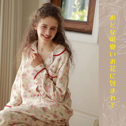 WダブルガーゼW【日本製】2026元旦新作　牡丹花柄　長袖　長ズボン  パジャマ ルームウェア