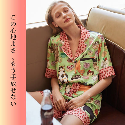 2026新作　 🌻アイスシルク　ライトグリーン   猫＆スイーツ柄　襟イチゴ柄　  半袖 　半ズボン パジャマ ルームウェア
