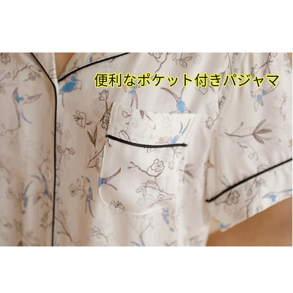 綿サテン　【日本製】　ブルー　野鳥柄　半袖 長ズボン パジャマ ルームウェア